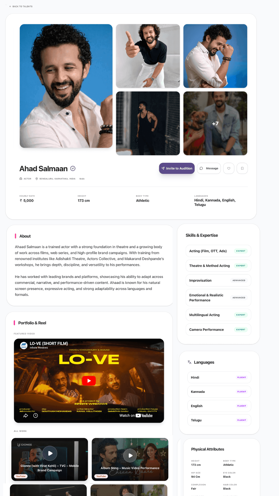Yurme talent profile showing photo gallery, verified badge, rate, skills, portfolio reel and languages for actor Ahad Salmaan
